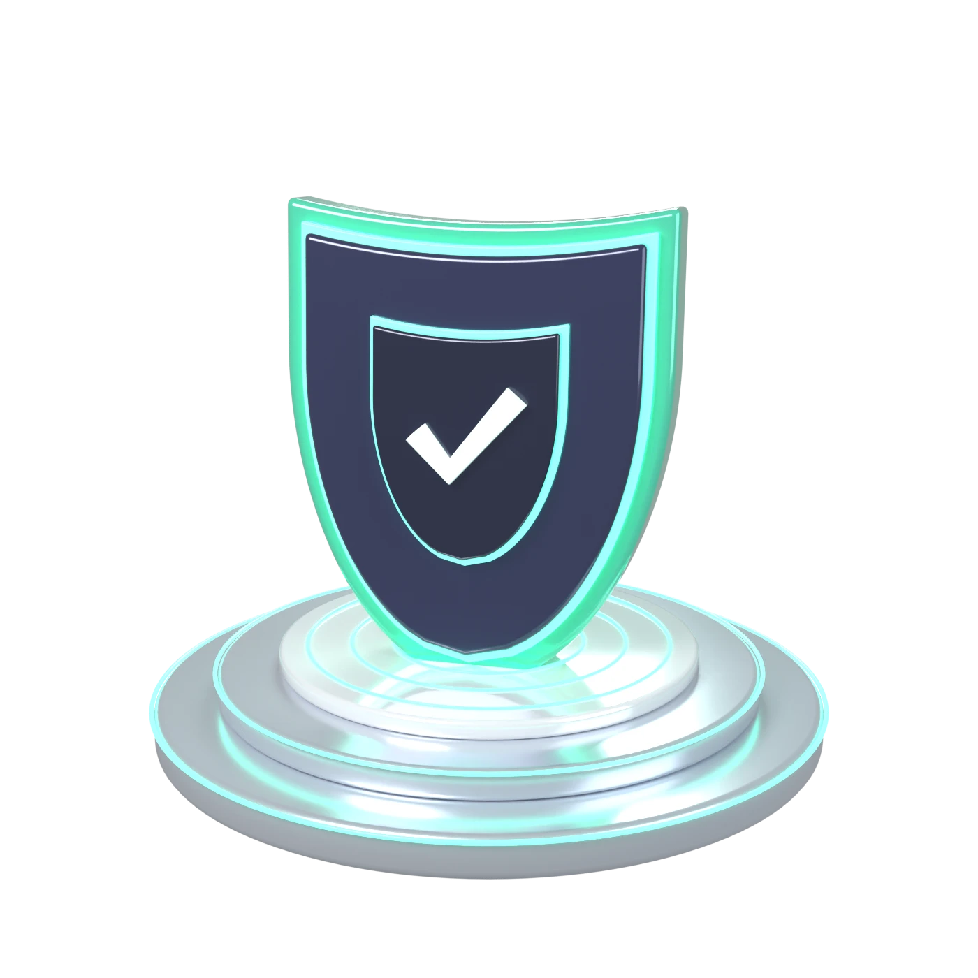 A shield with a checkmark standing on a glowing podium, representing protected operations.