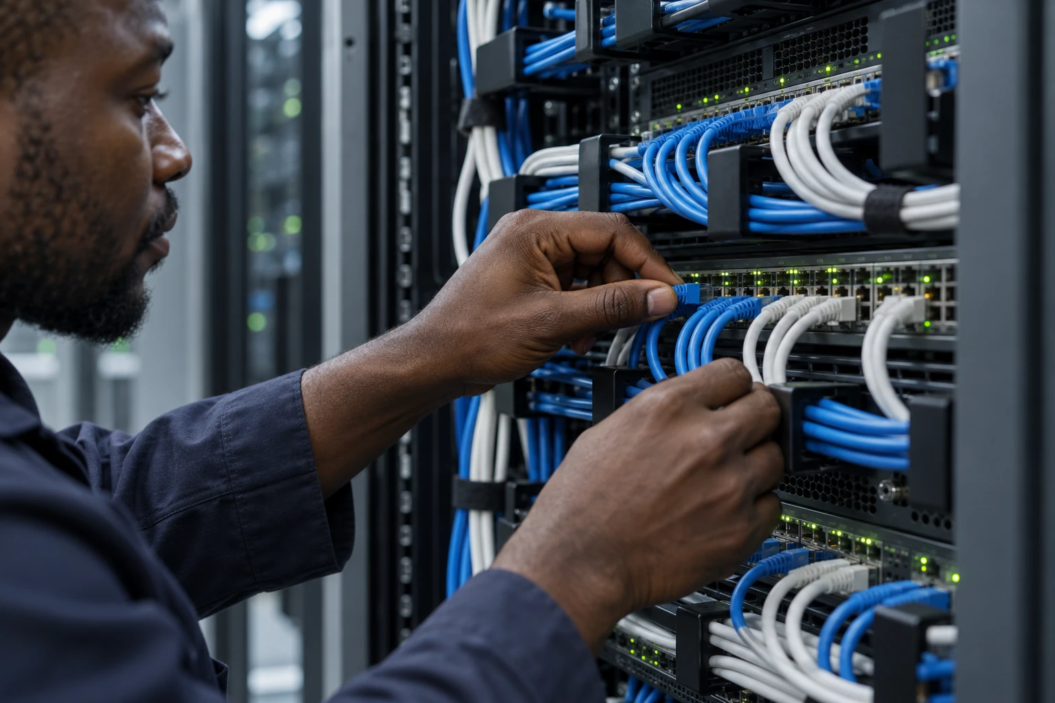 An engineer connecting labelled network cables in a tidy server rack.