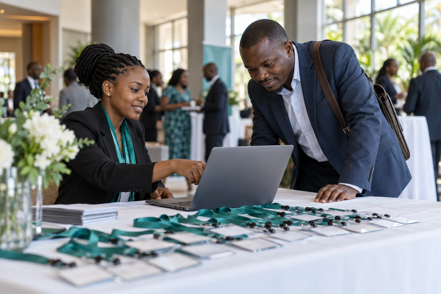 Members registering at a professional association event desk.
