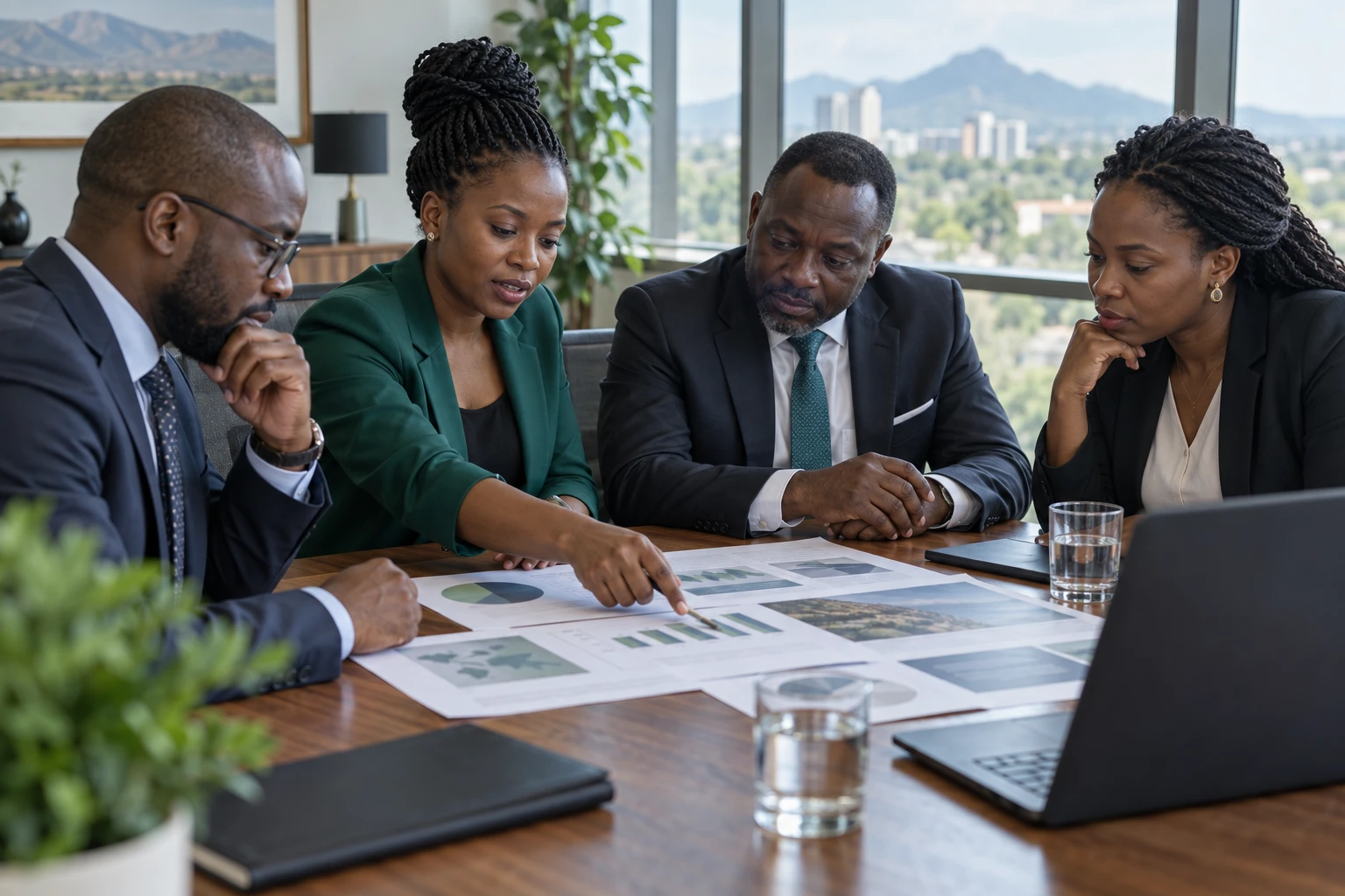 Executives reviewing a printed report in a boardroom.