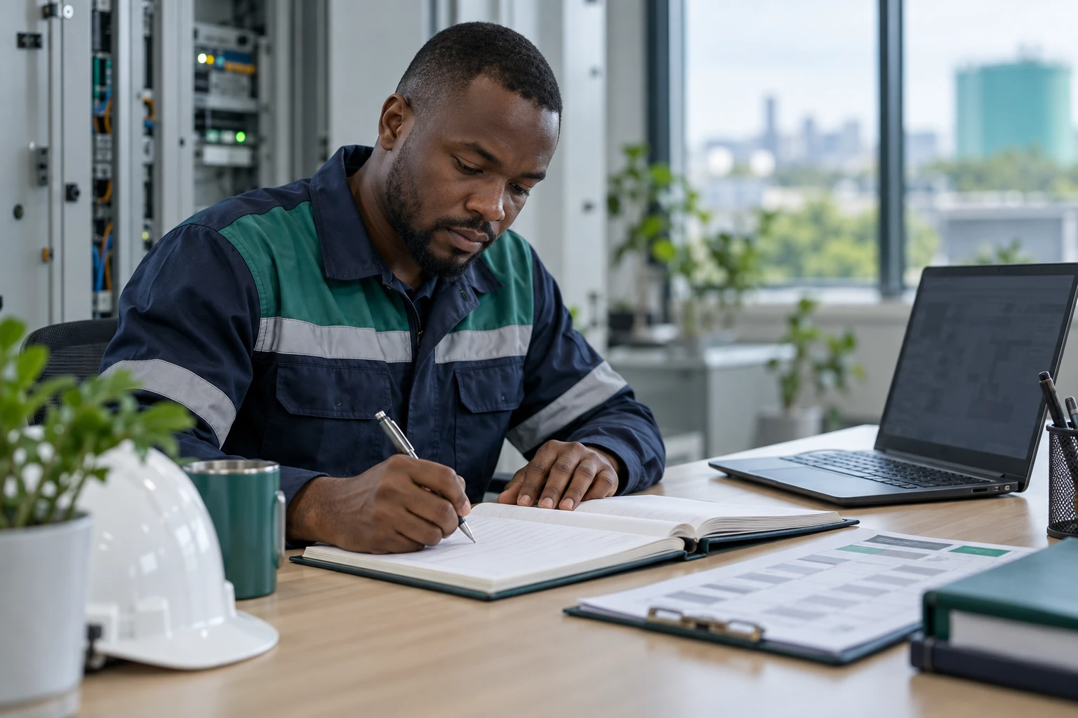 A technician recording a change in a logbook beside a laptop.