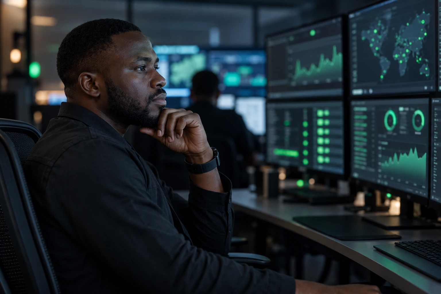 An operations analyst watching monitoring screens in a calm operations room.