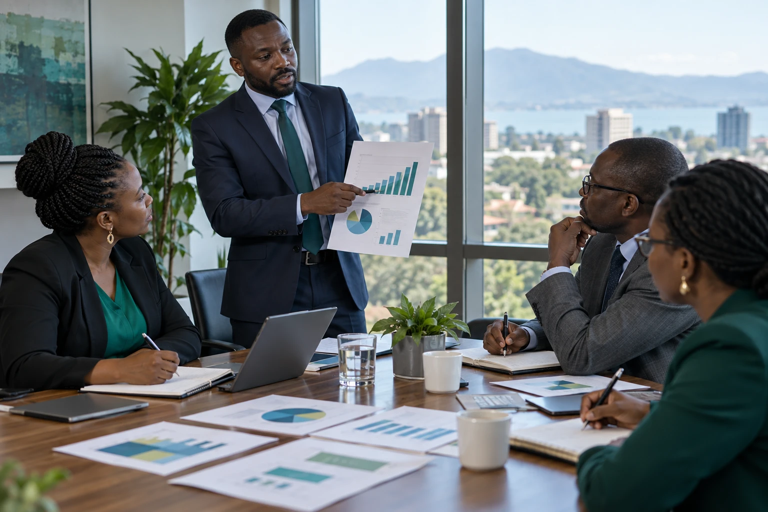 A leadership team reviewing a printed quarterly report in a meeting room.