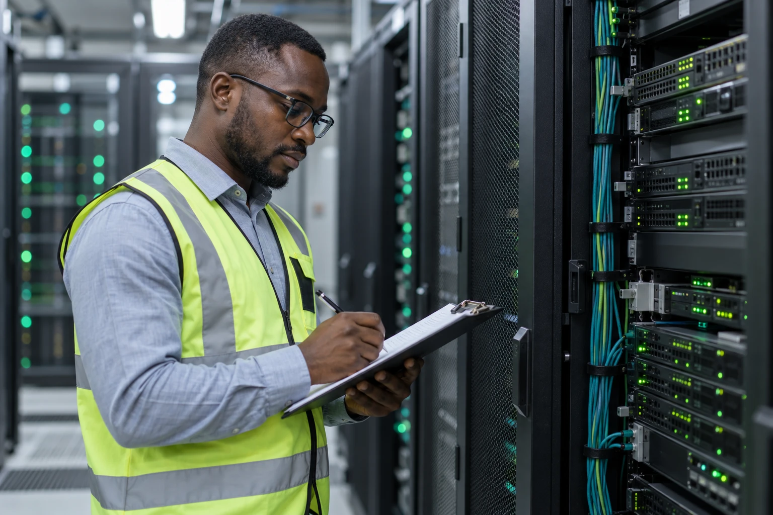 An engineer auditing equipment in a server rack with a checklist.